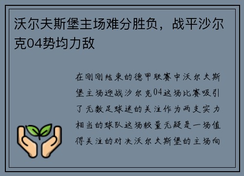 沃尔夫斯堡主场难分胜负，战平沙尔克04势均力敌